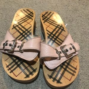 Burberry pastel pink buckle wooden clogs